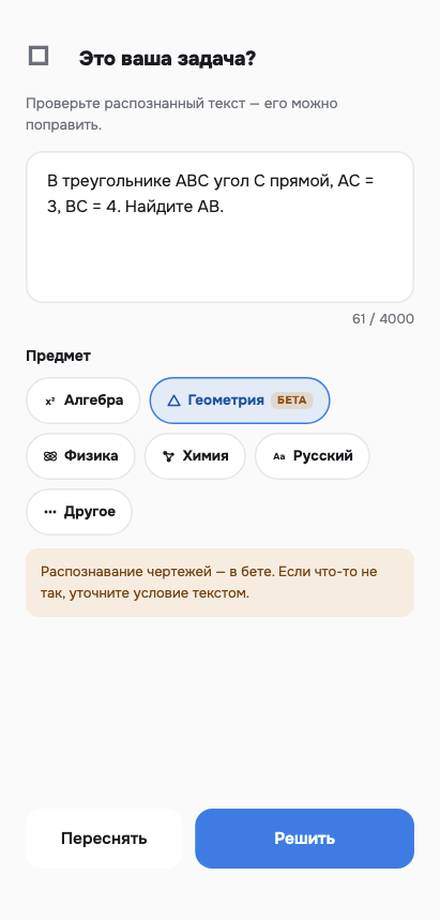 Экран проверки распознанного условия